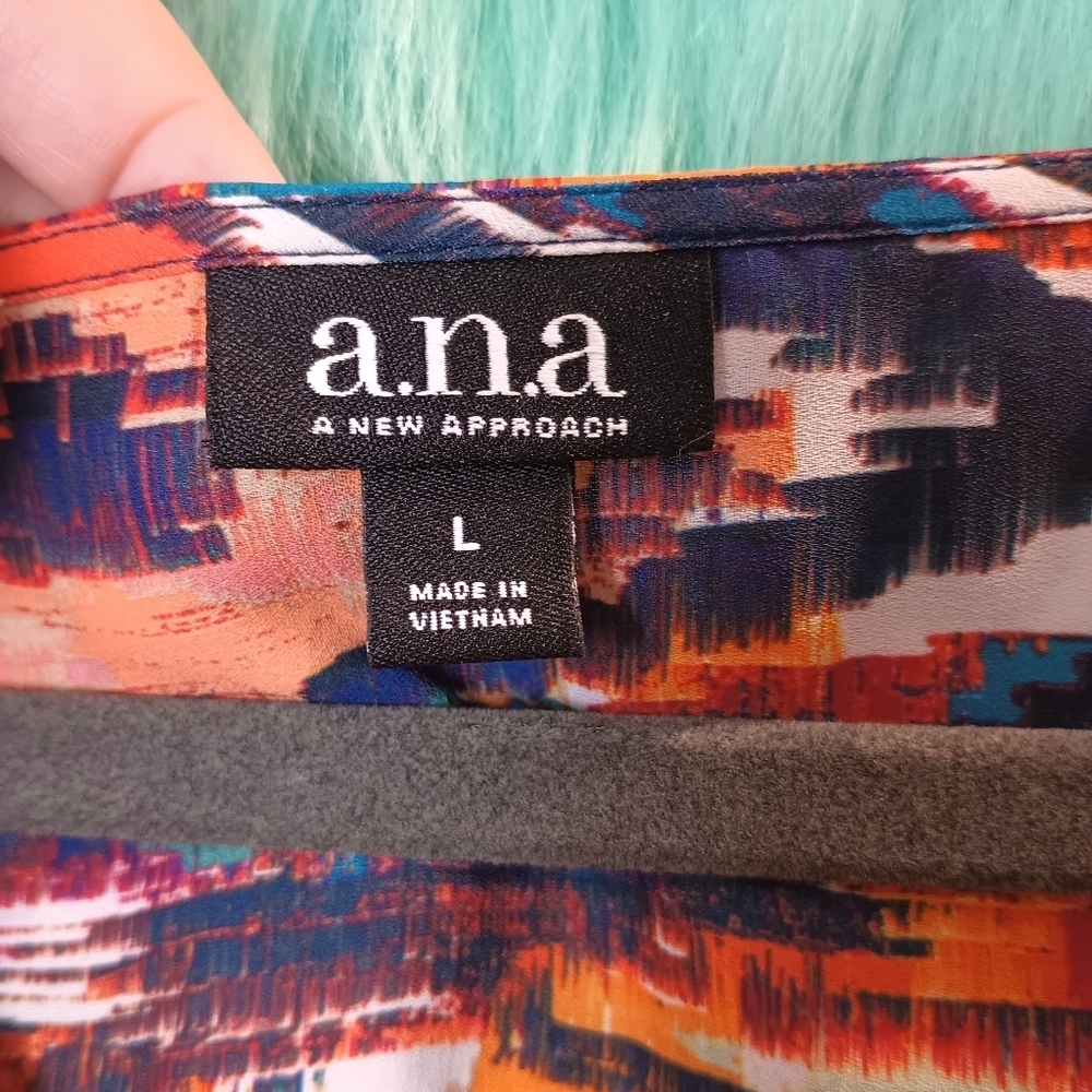 A.N.A Orange Blue and White Multi Color V-Neck Front Tie Long Sleeve Top Size L - Picture 9 of 9